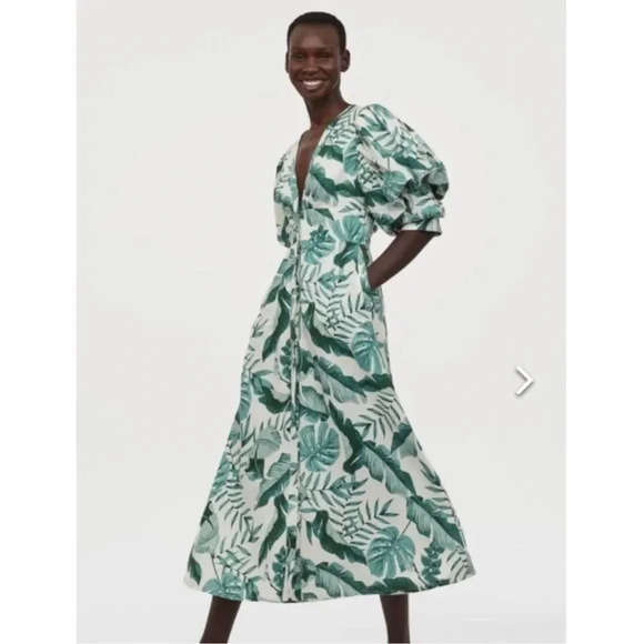 H&M Dresses & Skirts - H&M x Johanna Ortiz Green White Linen Leaf Dress